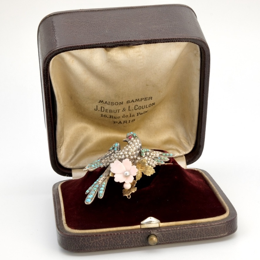19th Century Bird Of Paradise  Brooch With Pearls, Gold And Silver Turquoise In Case