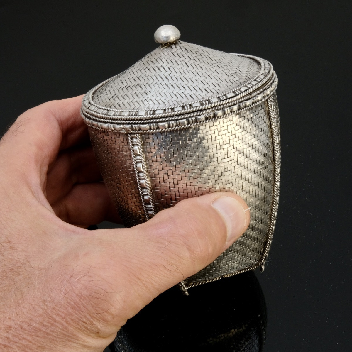 Boite  en Argent tressé en forme de panier à riz début 20ème siècle-photo-3