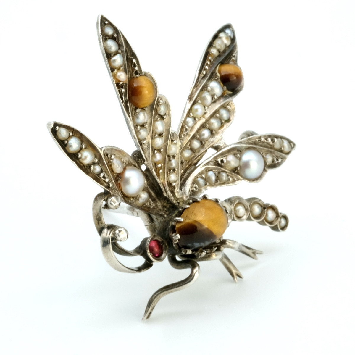 Broche Napoléon III insecte ailé argent perles et oeil de tigre-photo-3