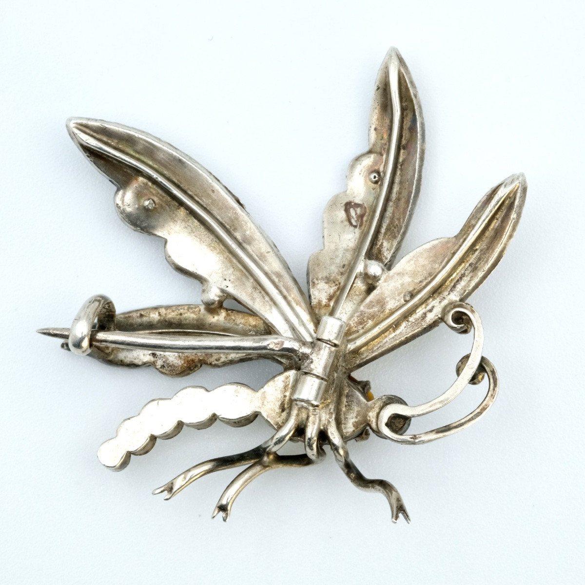 Broche Napoléon III insecte ailé argent perles et oeil de tigre-photo-1