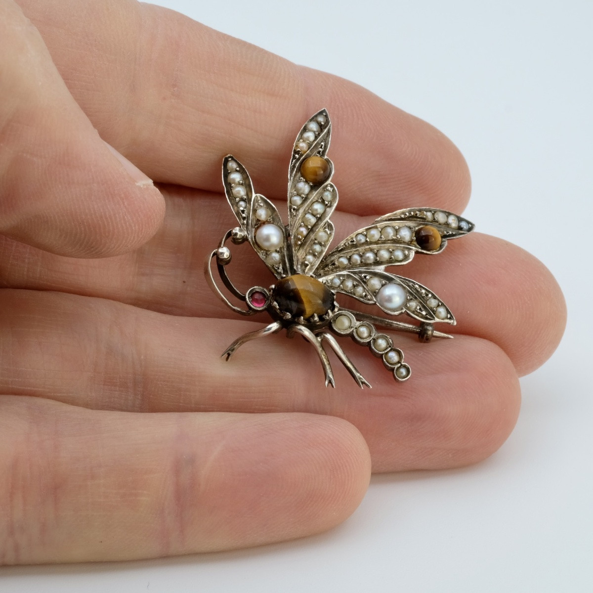 Broche Napoléon III insecte ailé argent perles et oeil de tigre-photo-3