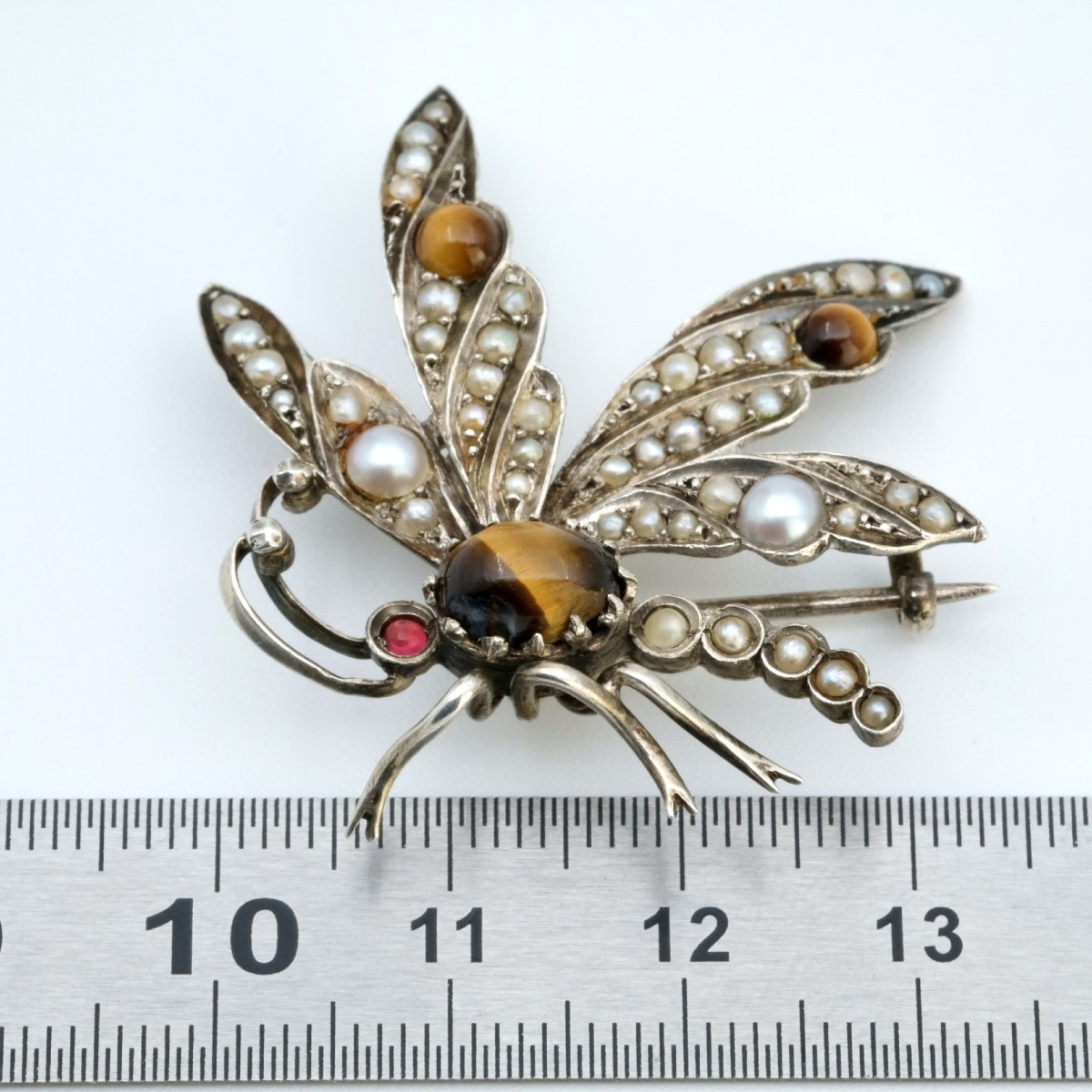 Broche Napoléon III insecte ailé argent perles et oeil de tigre-photo-4