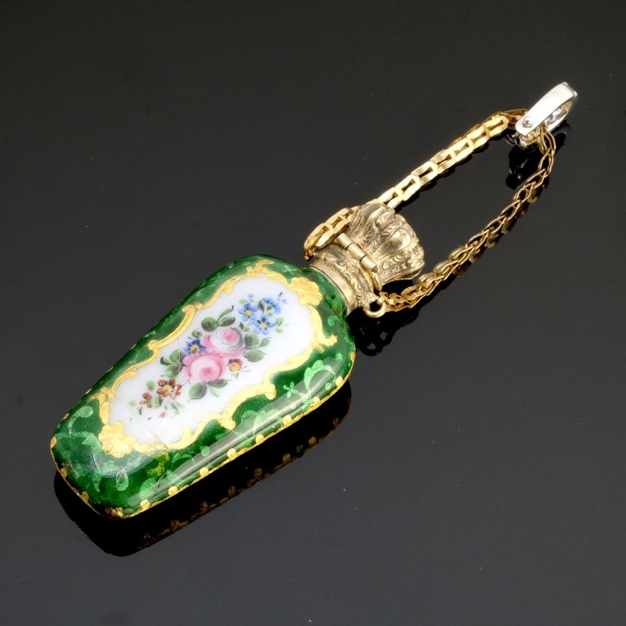 Hanging Salt Cellar, Vermeil, Green Enamel, Napoleon III Bouquets