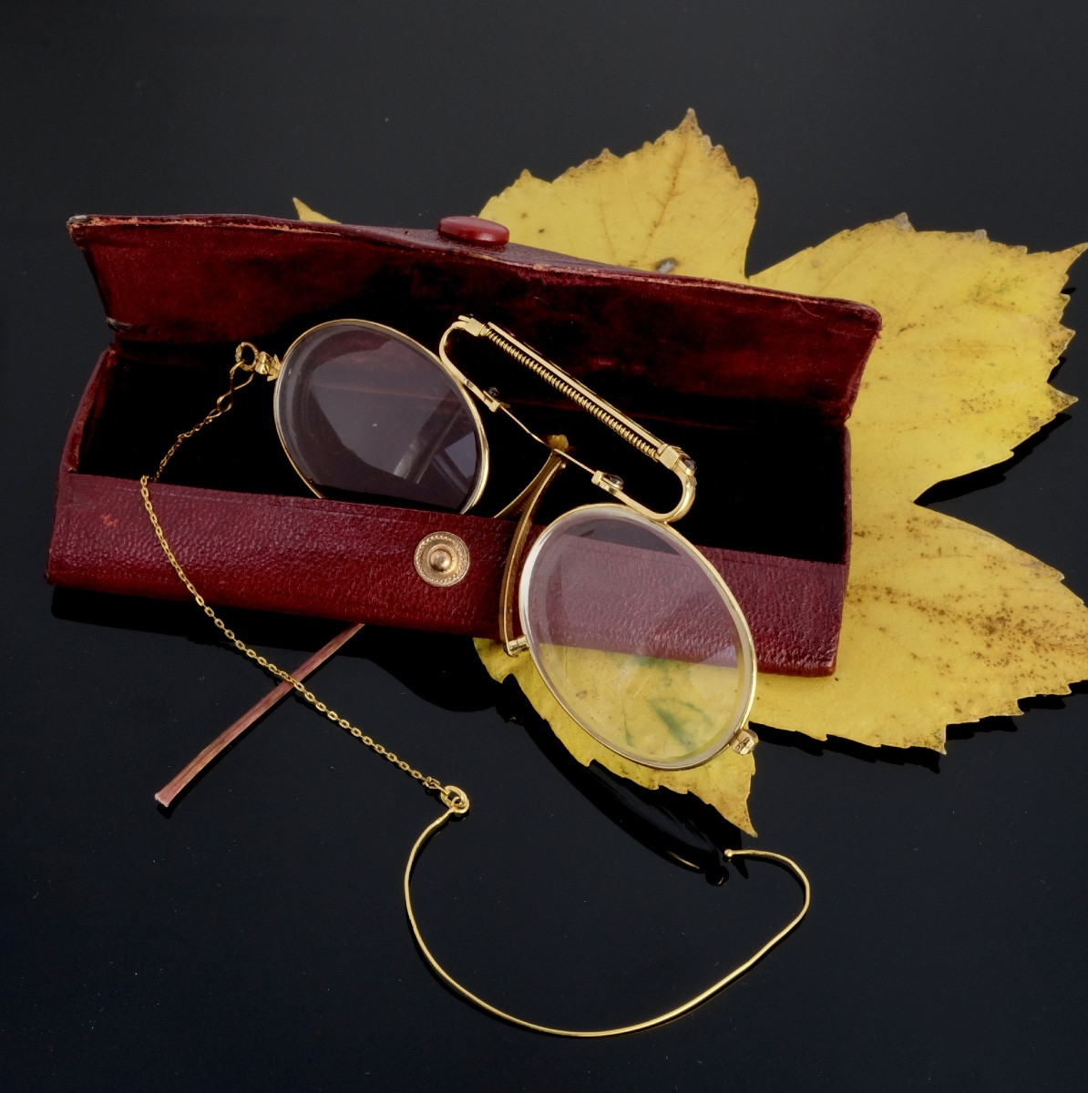 Pince-nez &agrave; ressort en or avec cha&icirc;ne d'oreille en &eacute;crin, 1920