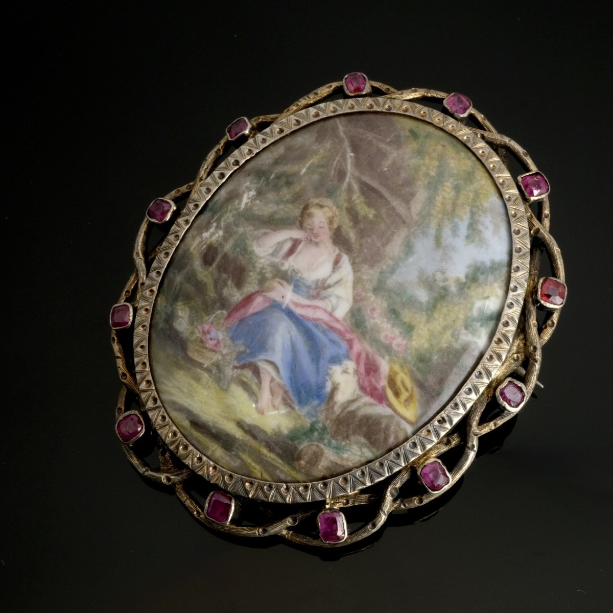 19th Century Miniature Enamel Brooch On Porcelain, Vermeil, Adorned With Rubies-photo-4