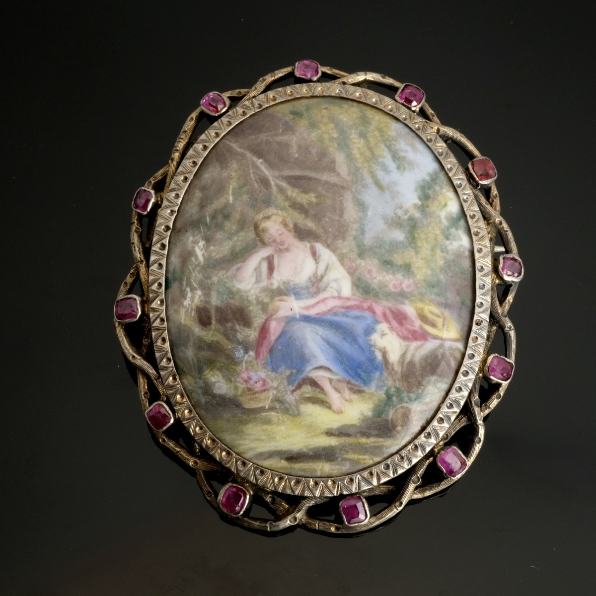 Broche 19ème, Émail sur Porcelaine, Vermeil, Ornée De Rubis