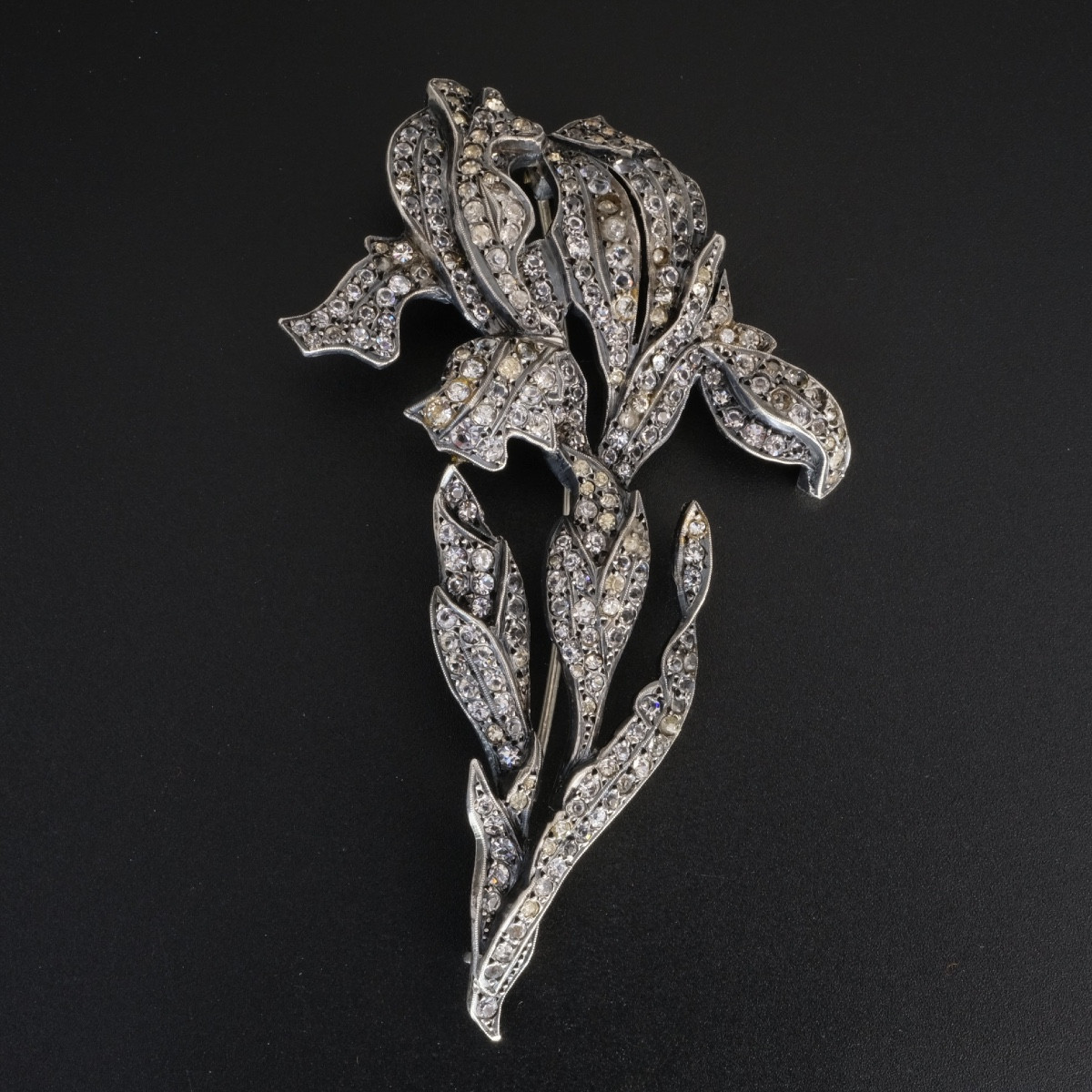 Art Nouveau Iris Brooch With Crystals And Silver, Early 20th Century
