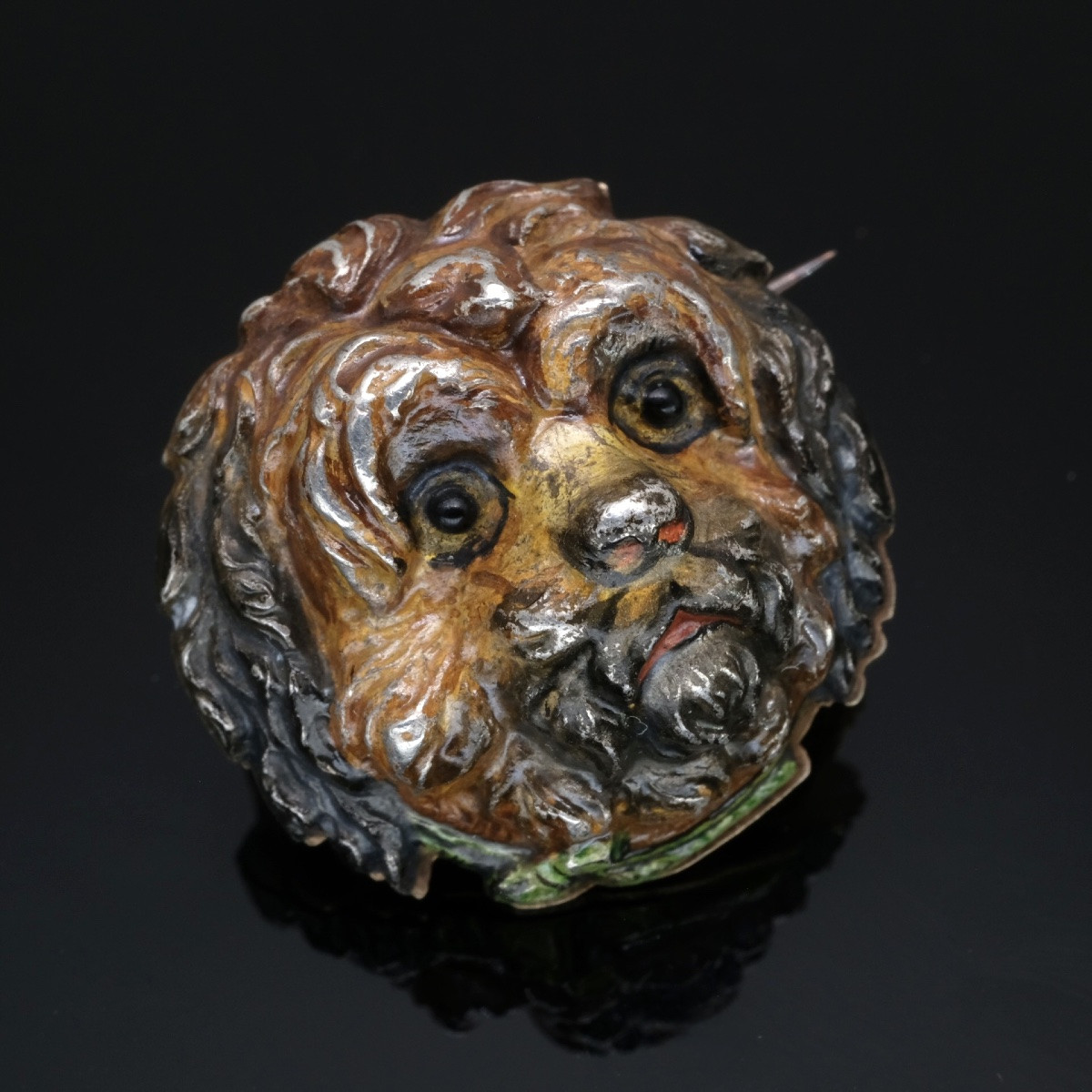 Animal Brooch, Dog Head, Silver Polychrome 19th Century-photo-4