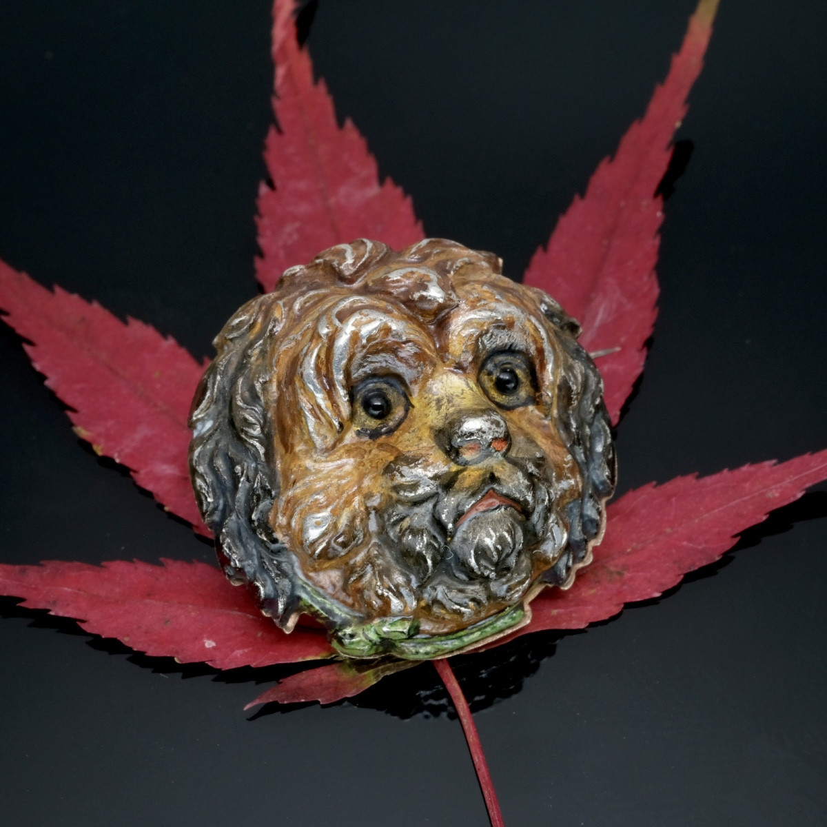 Animal Brooch, Dog Head, Silver Polychrome 19th Century-photo-2