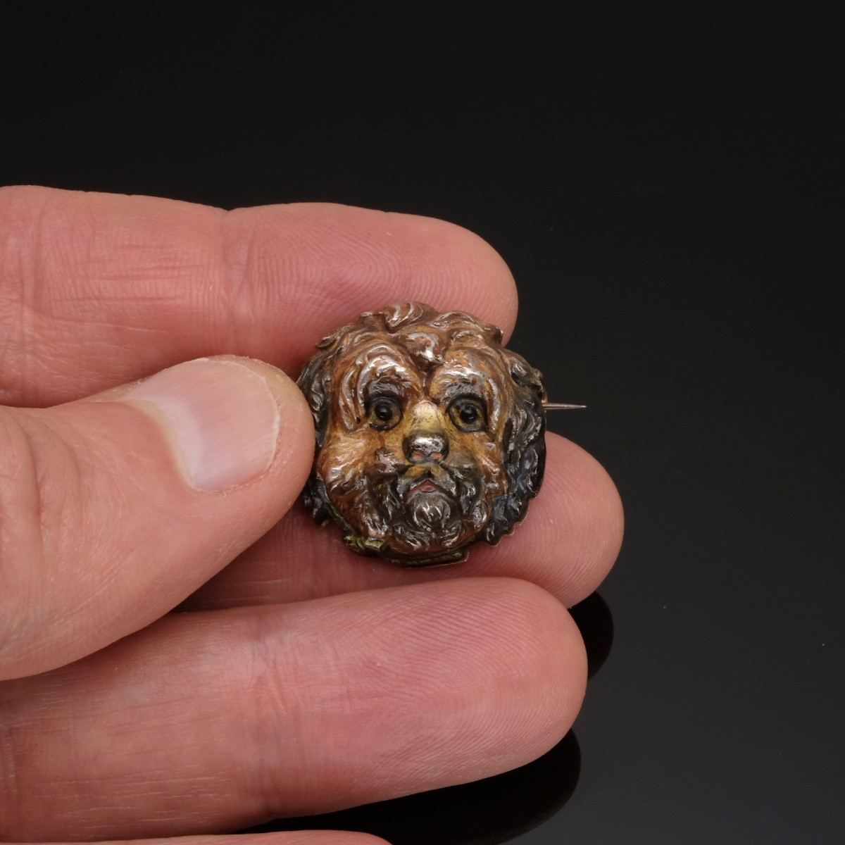 Animal Brooch, Dog Head, Silver Polychrome 19th Century-photo-2