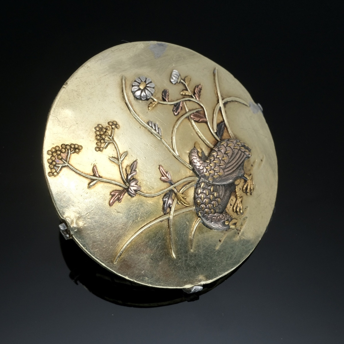 Broche shakudo cailles or et argent Meiji 19ème siècle-photo-3