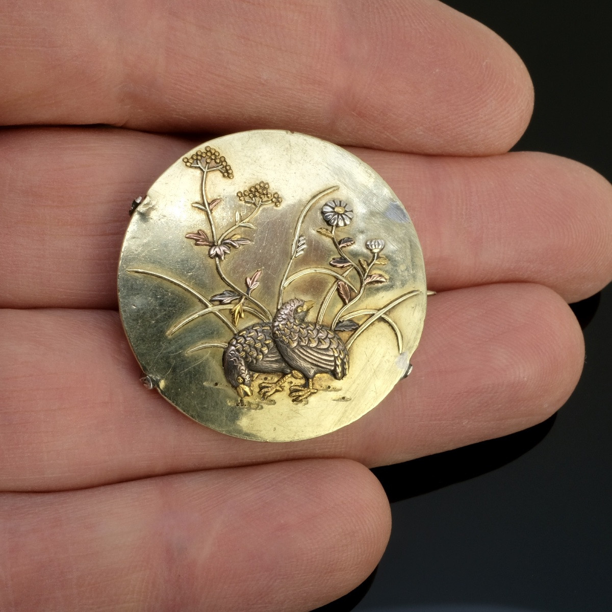 Broche shakudo cailles or et argent Meiji 19ème siècle-photo-3