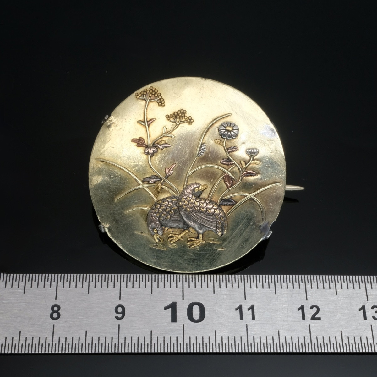 Broche shakudo cailles or et argent Meiji 19ème siècle-photo-4
