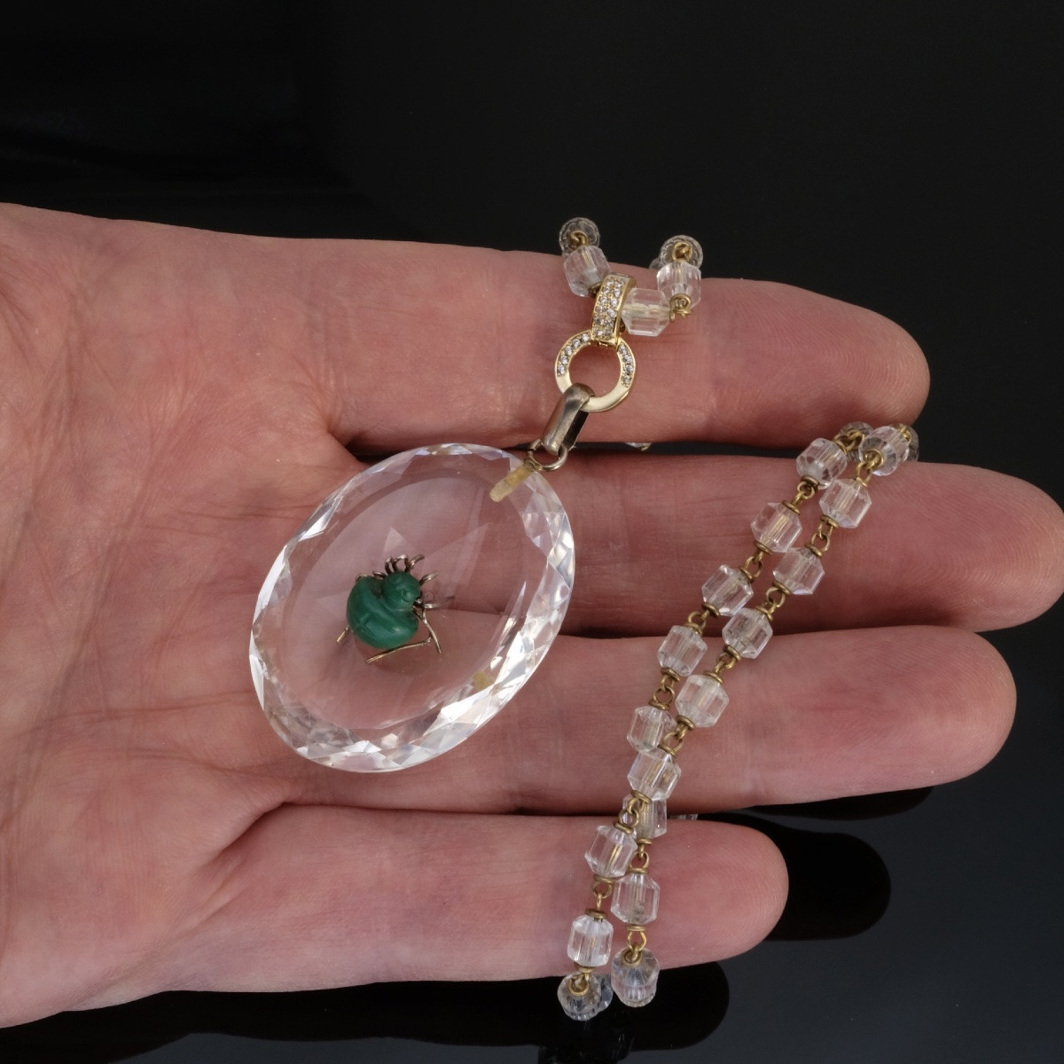 Pendentif-Collier 1920 Araignée Malachite sur Cristal facetté-photo-7