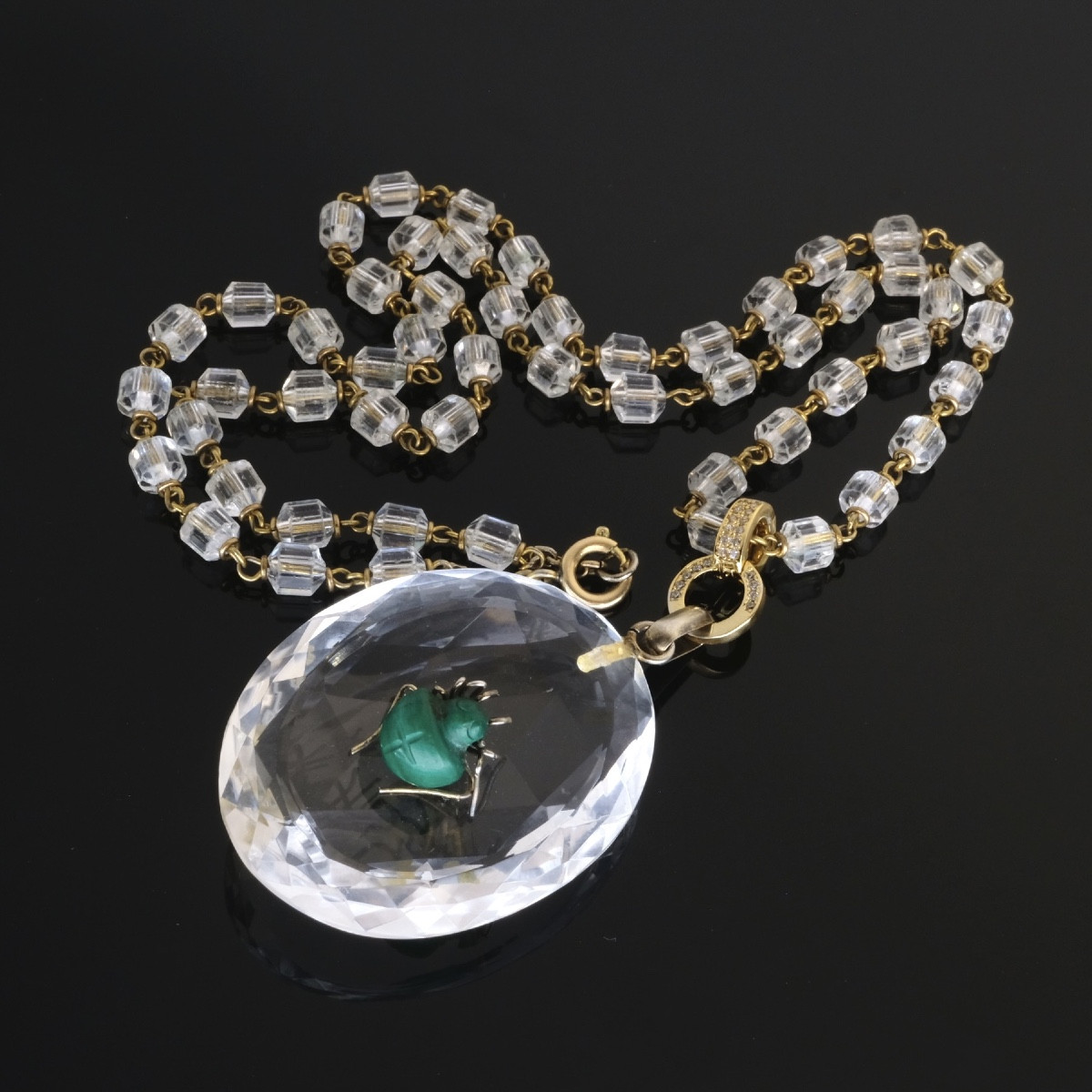 Pendentif-Collier 1920 Araignée Malachite sur Cristal facetté