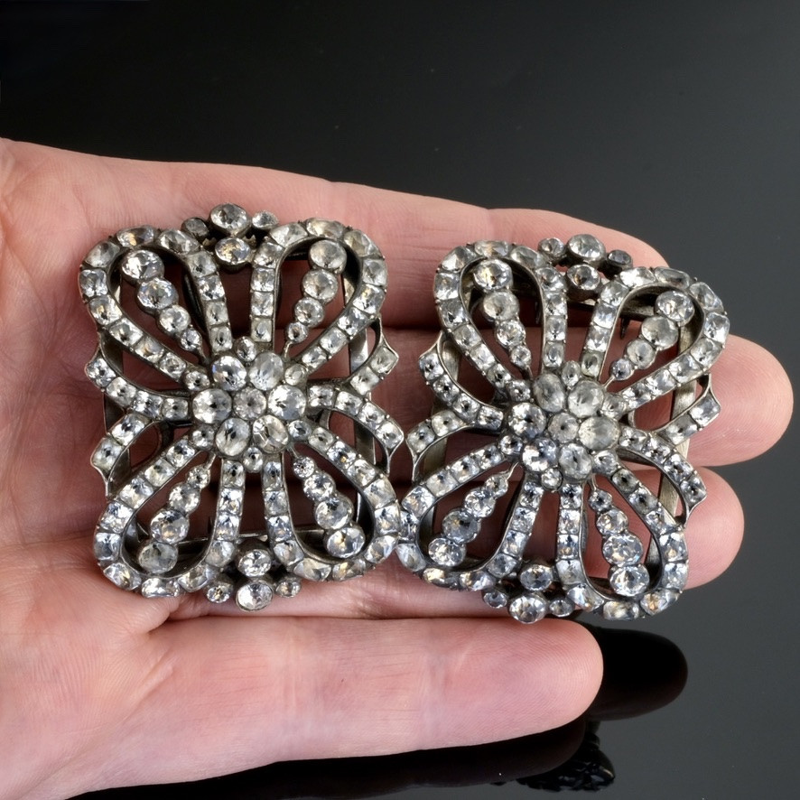 Paire de boucles de chaussures à système pierres du Rhin et Argent 18ème siècle-photo-5