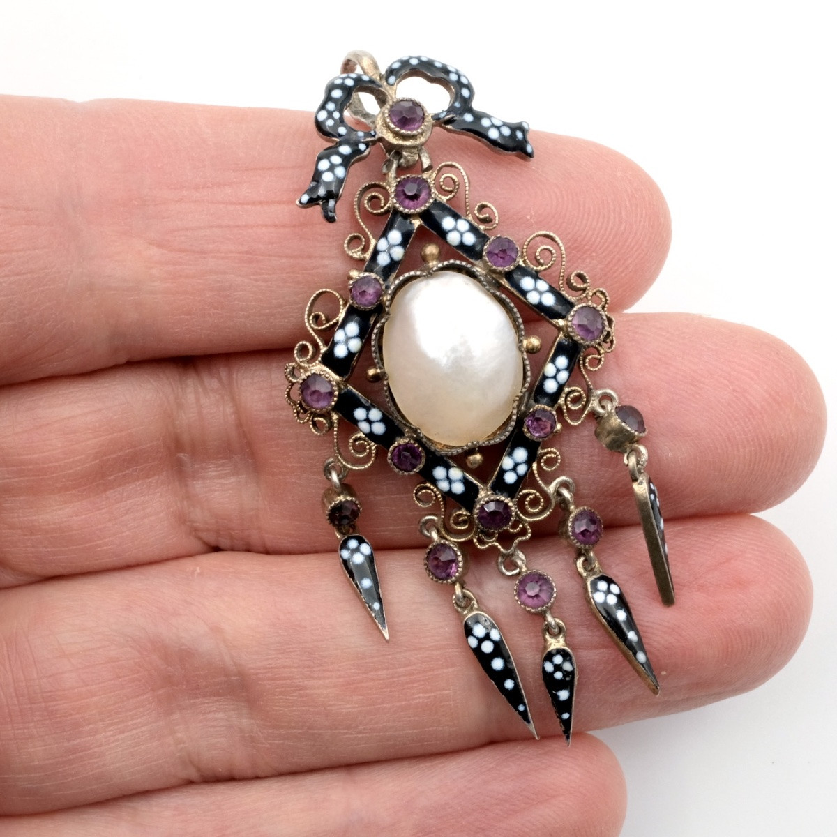 Pendentif Napol&eacute;on III &agrave; pampilles vermeil &eacute;mail et grenats en &eacute;crin-photo-7