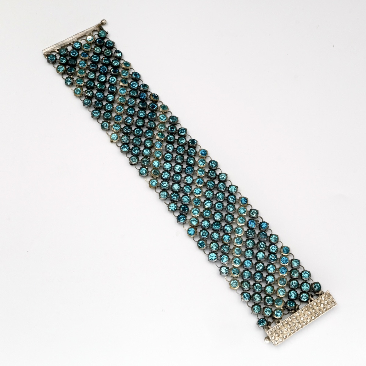 Wide Bracelet With Links Set With Blue Rhinestones, Art Deco Period-photo-3
