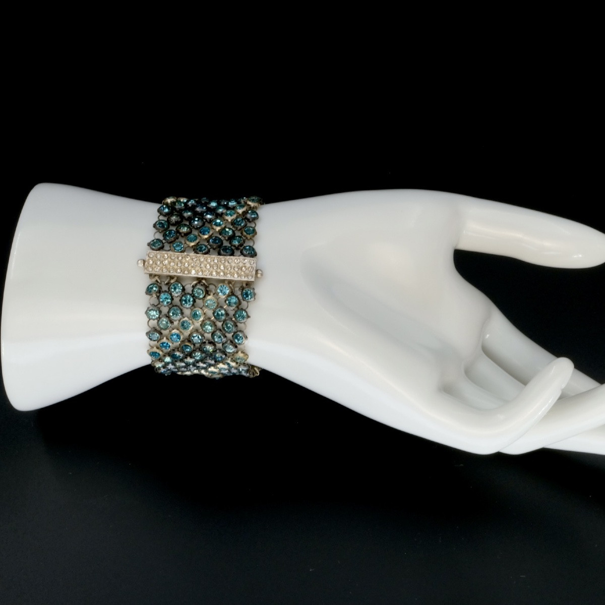 Wide Bracelet With Links Set With Blue Rhinestones, Art Deco Period-photo-4
