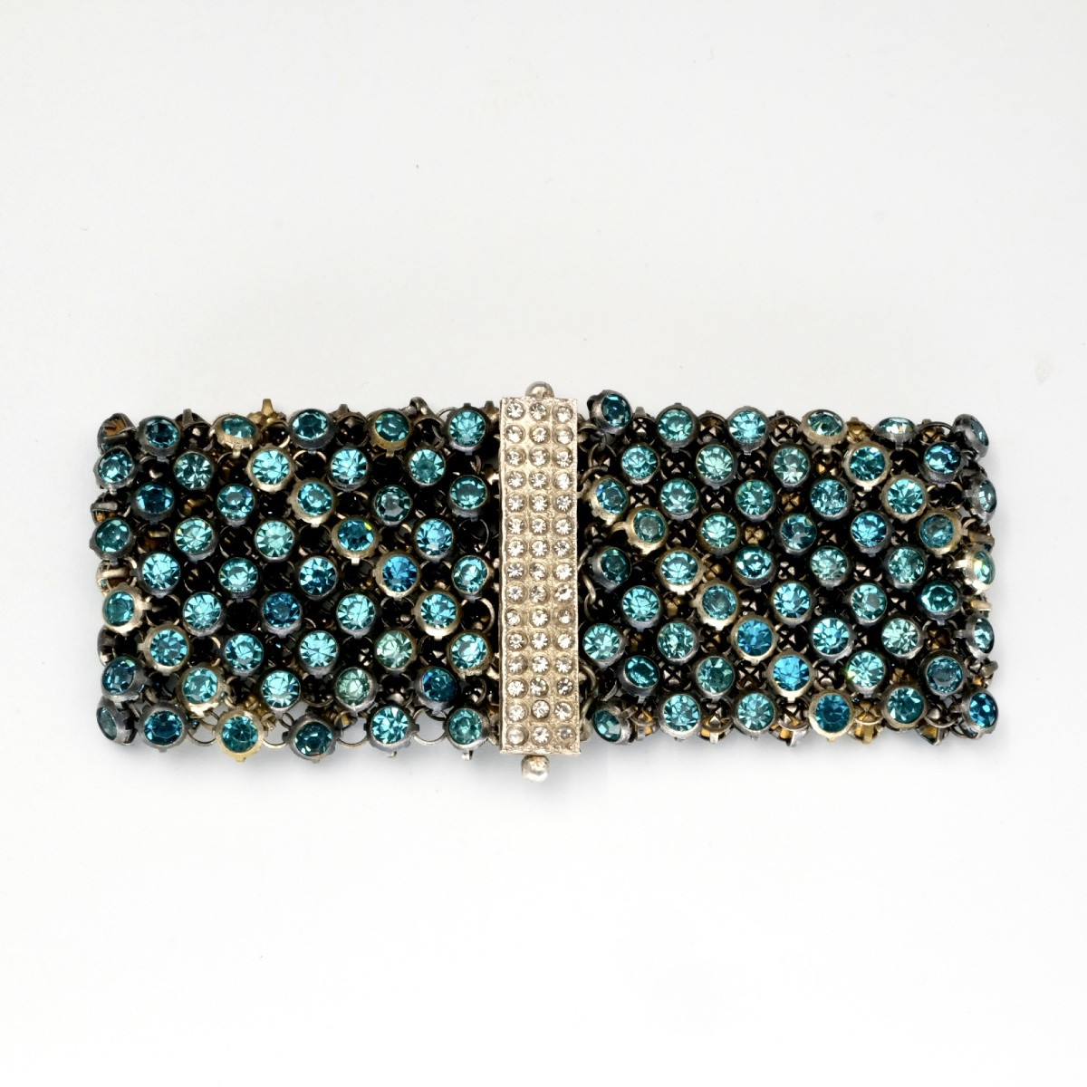 Wide Bracelet With Links Set With Blue Rhinestones, Art Deco Period-photo-3