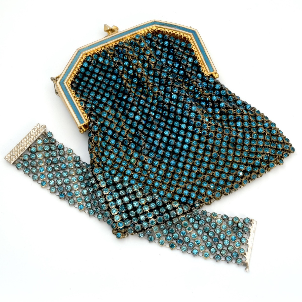 Wide Bracelet With Links Set With Blue Rhinestones, Art Deco Period-photo-8