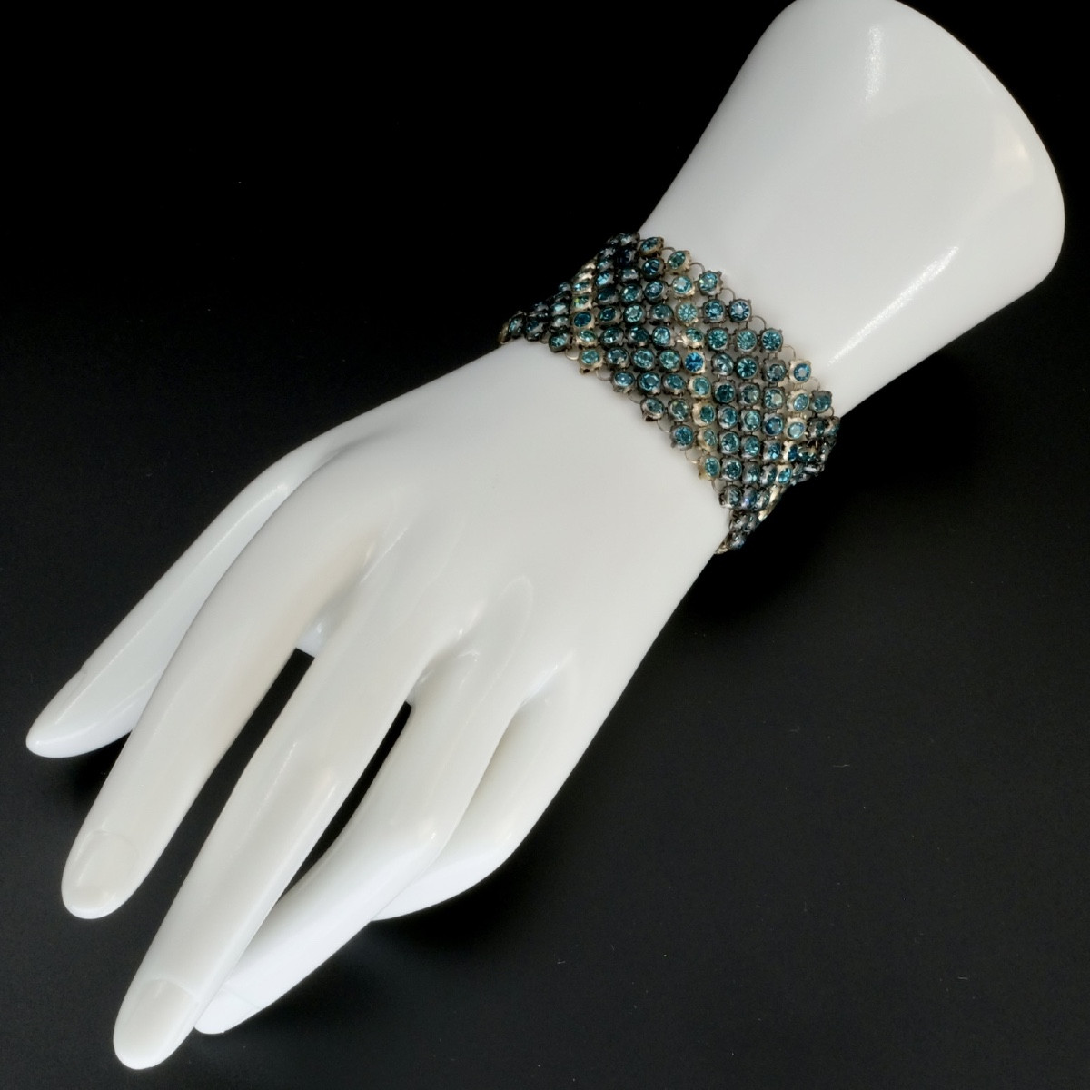 Wide Bracelet With Links Set With Blue Rhinestones, Art Deco Period