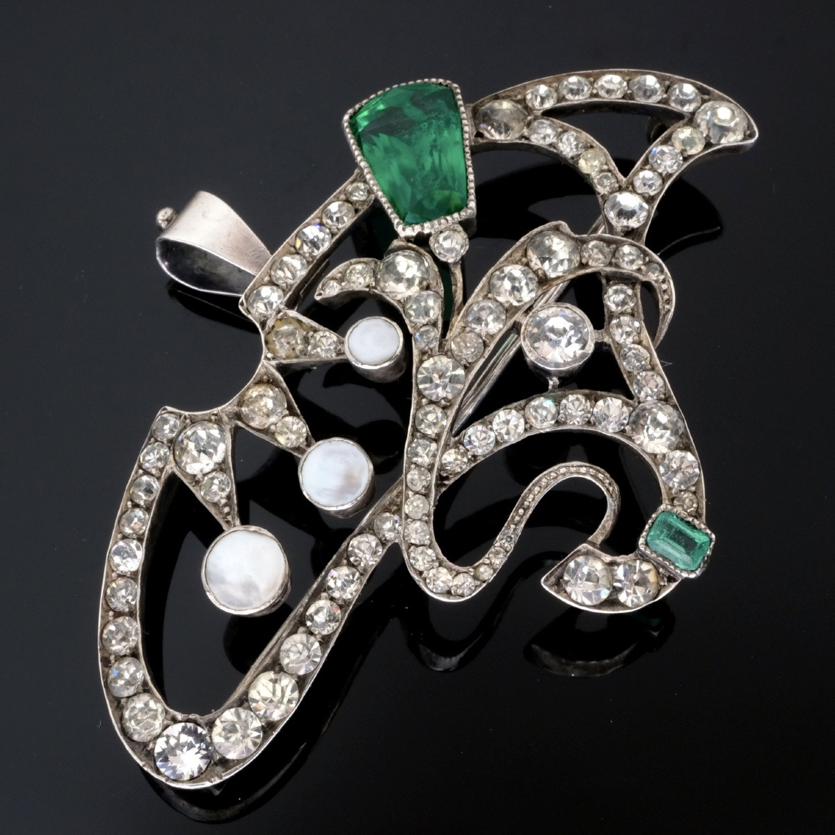 1900 Art Nouveau Brooch/pendant In Silver With White And Emerald Green Crystals-photo-2