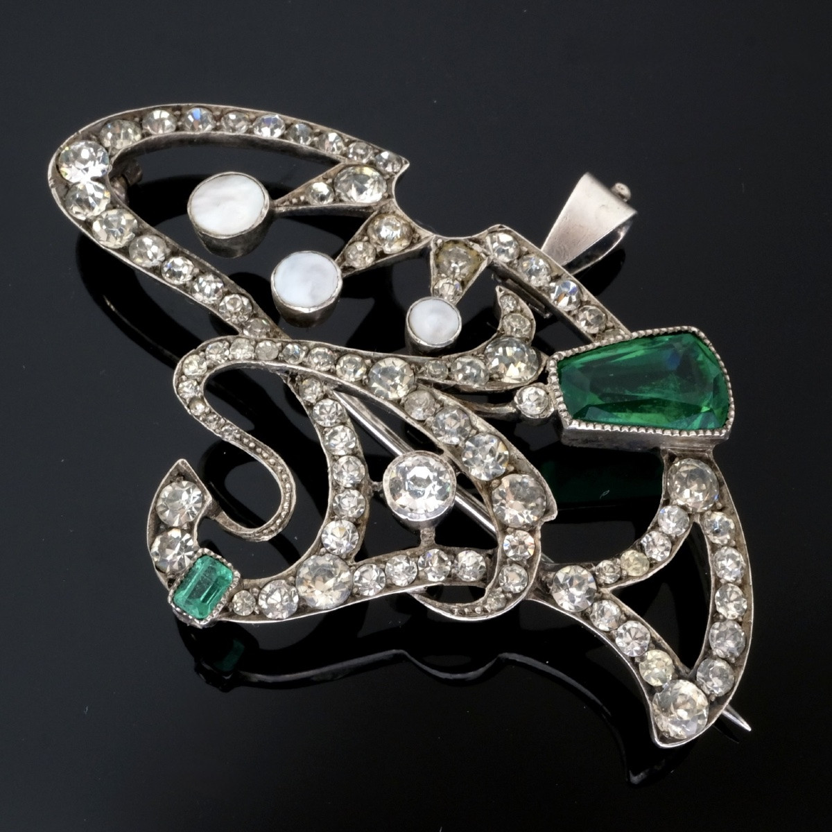 1900 Art Nouveau Brooch/pendant In Silver With White And Emerald Green Crystals-photo-3
