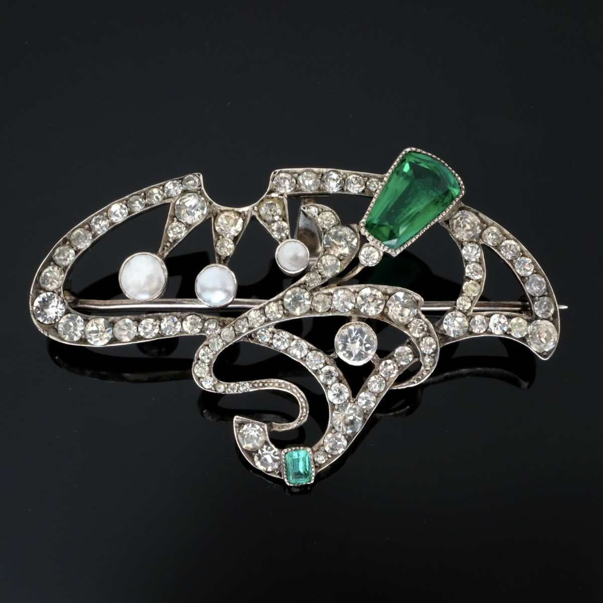 1900 Art Nouveau Brooch/pendant In Silver With White And Emerald Green Crystals-photo-4