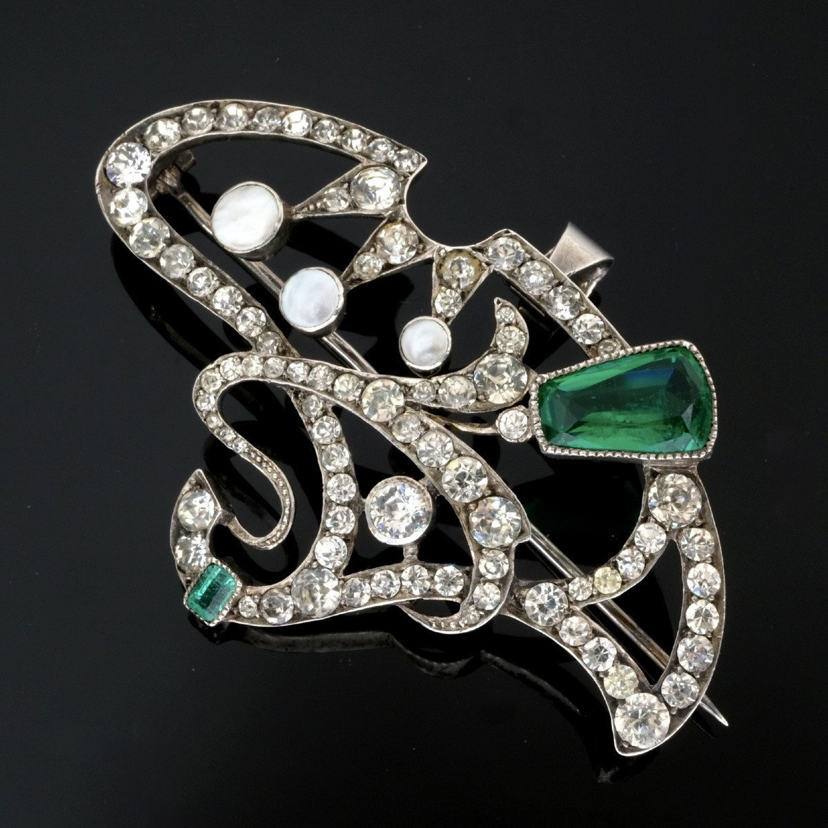 1900 Art Nouveau Brooch/pendant In Silver With White And Emerald Green Crystals-photo-1