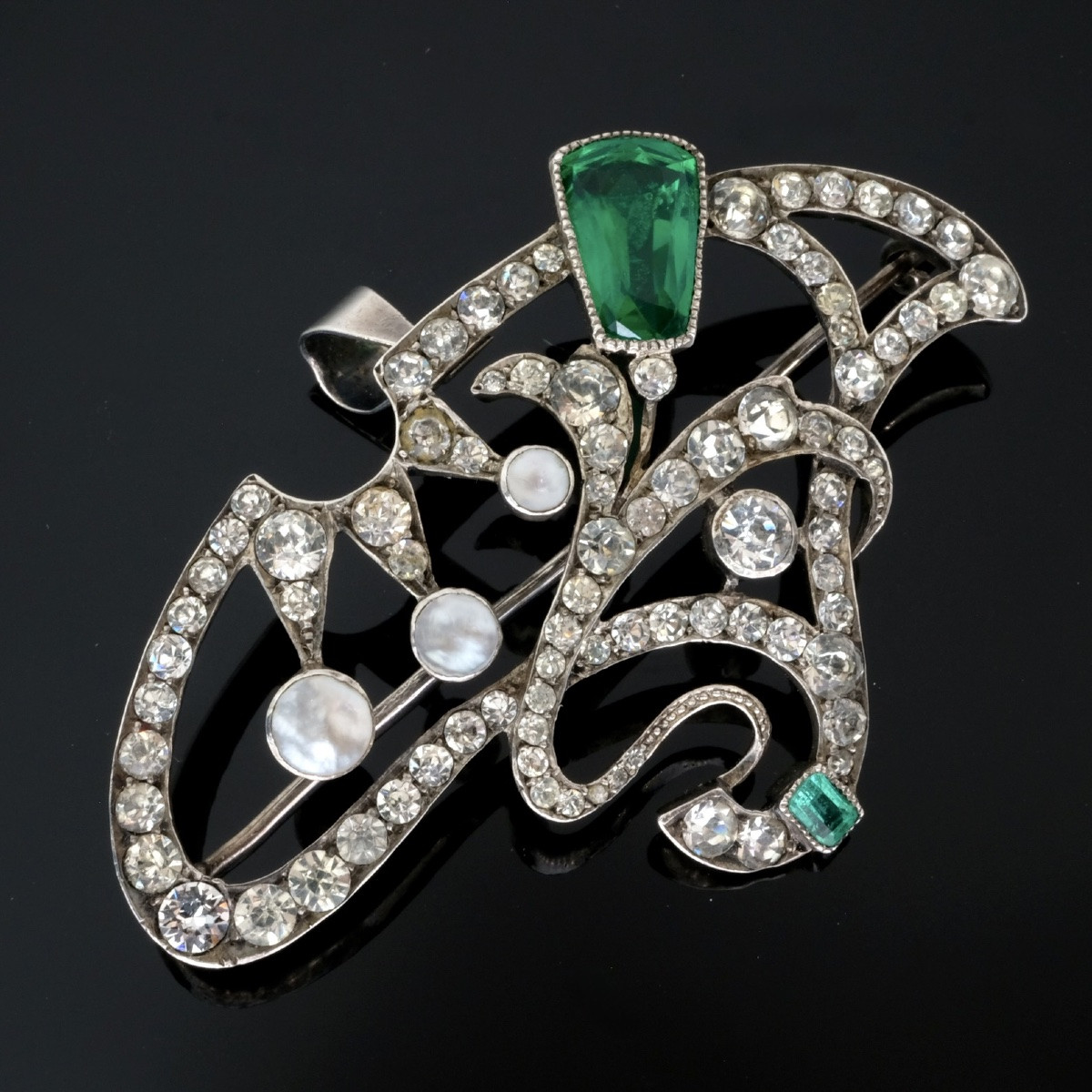 1900 Art Nouveau Brooch/pendant In Silver With White And Emerald Green Crystals-photo-2