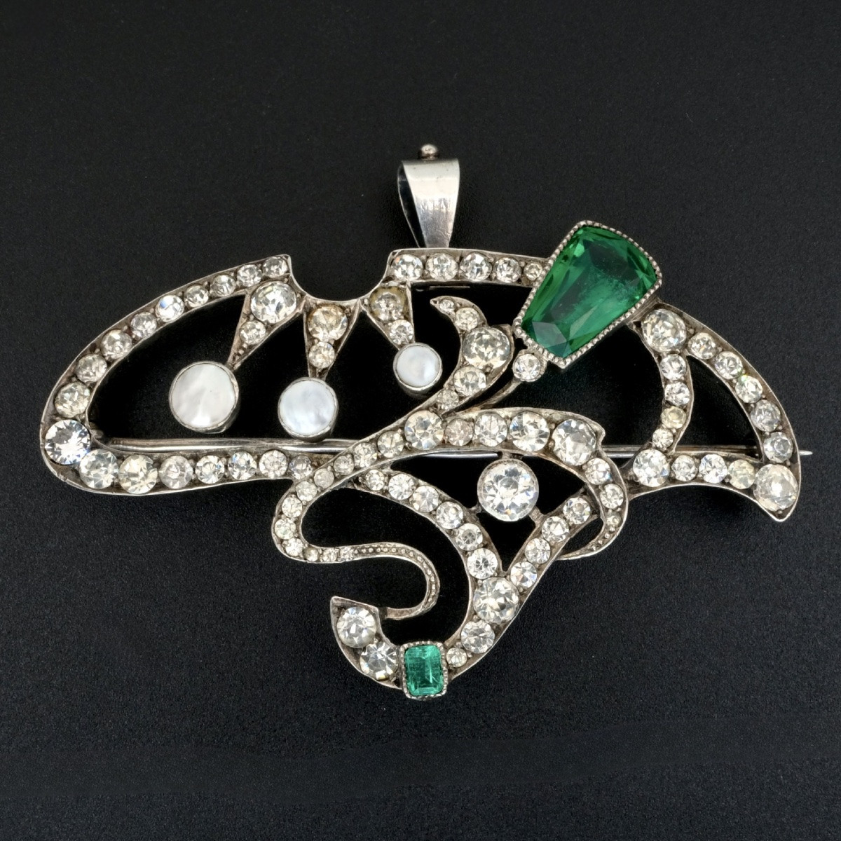 1900 Art Nouveau Brooch/pendant In Silver With White And Emerald Green Crystals-photo-3