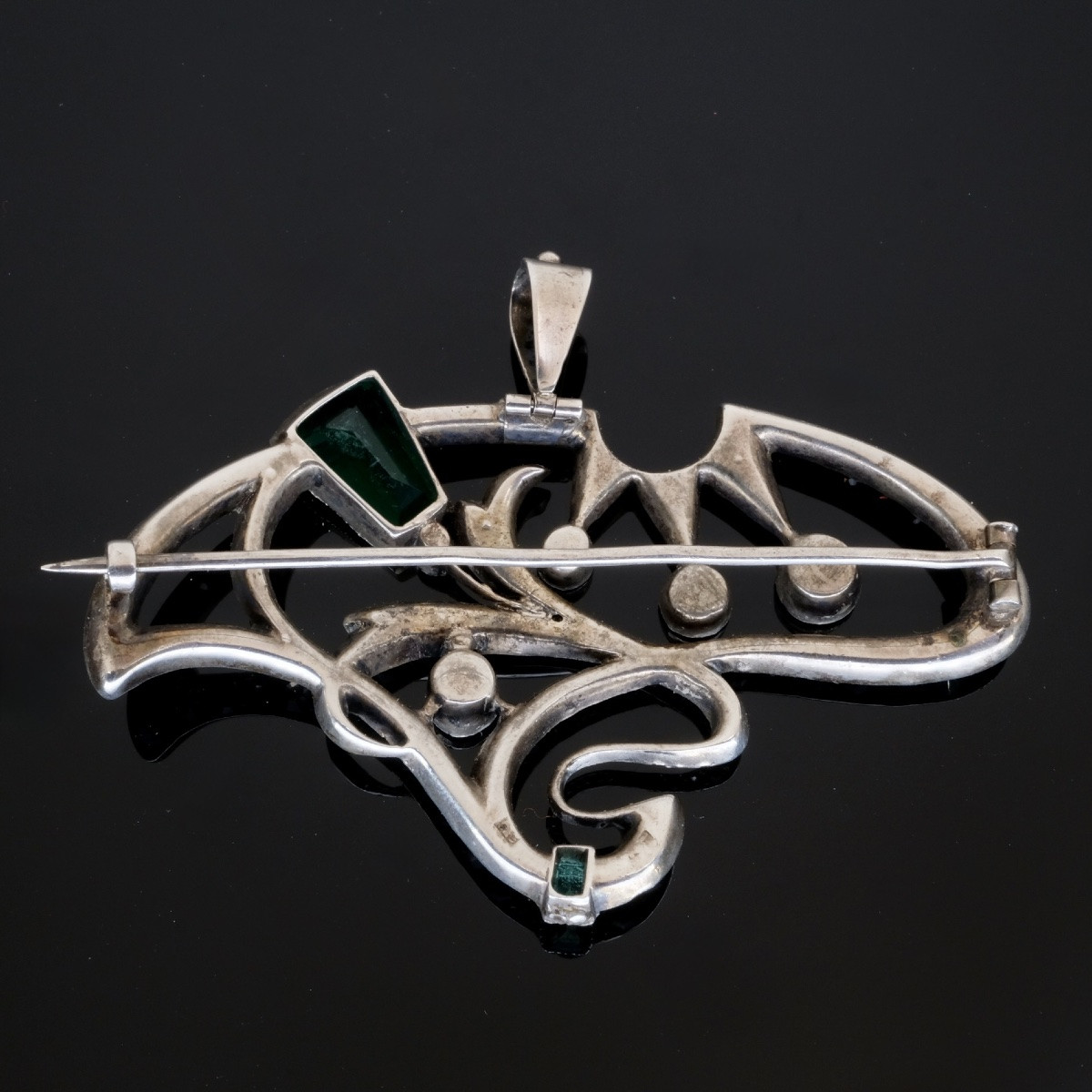 1900 Art Nouveau Brooch/pendant In Silver With White And Emerald Green Crystals-photo-4
