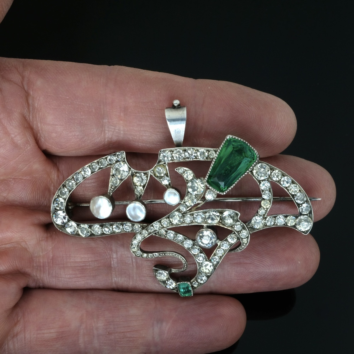 1900 Art Nouveau Brooch/pendant In Silver With White And Emerald Green Crystals-photo-6