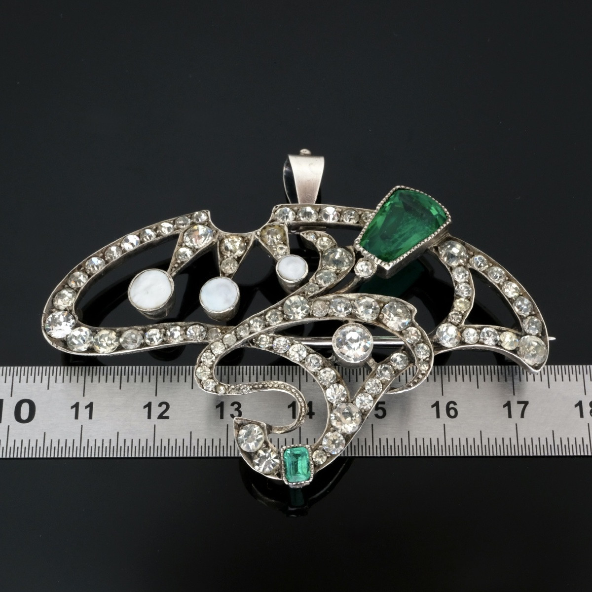 1900 Art Nouveau Brooch/pendant In Silver With White And Emerald Green Crystals-photo-7