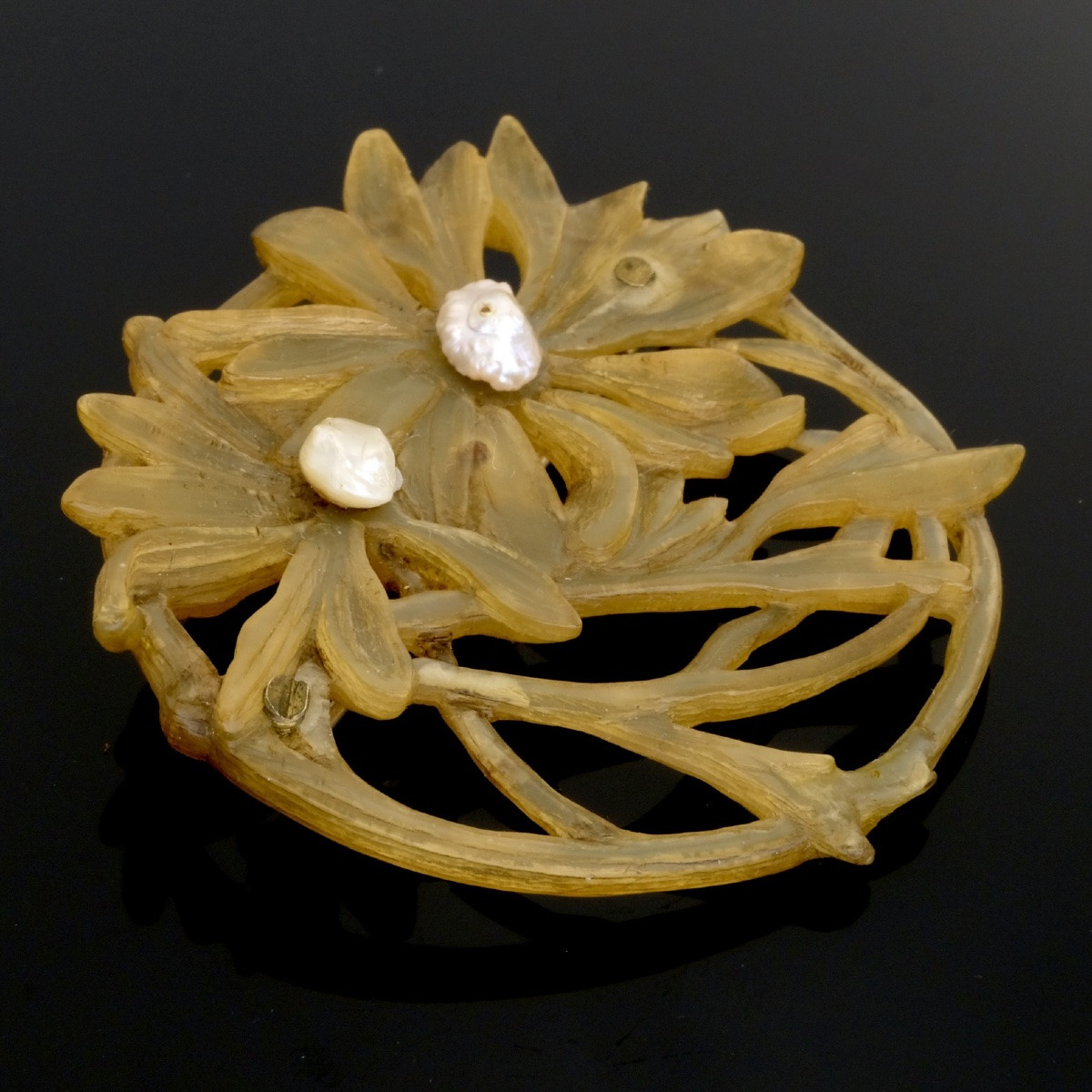 Art Nouveau Brooch, 1900s, Blonde Horn And Pearls, Dlg Lucien Gaillard-photo-2