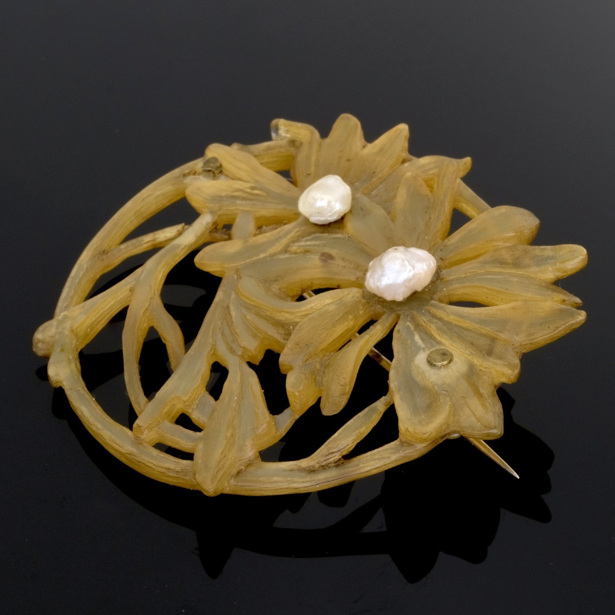Art Nouveau Brooch, 1900s, Blonde Horn And Pearls, Dlg Lucien Gaillard-photo-3