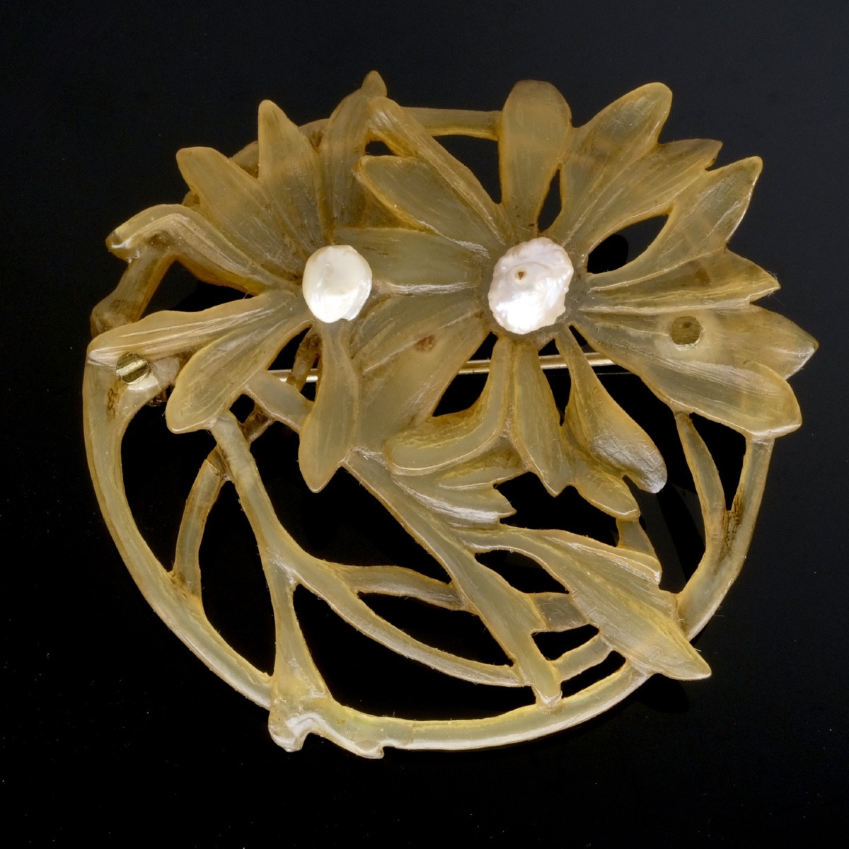 Art Nouveau Brooch, 1900s, Blonde Horn And Pearls, Dlg Lucien Gaillard