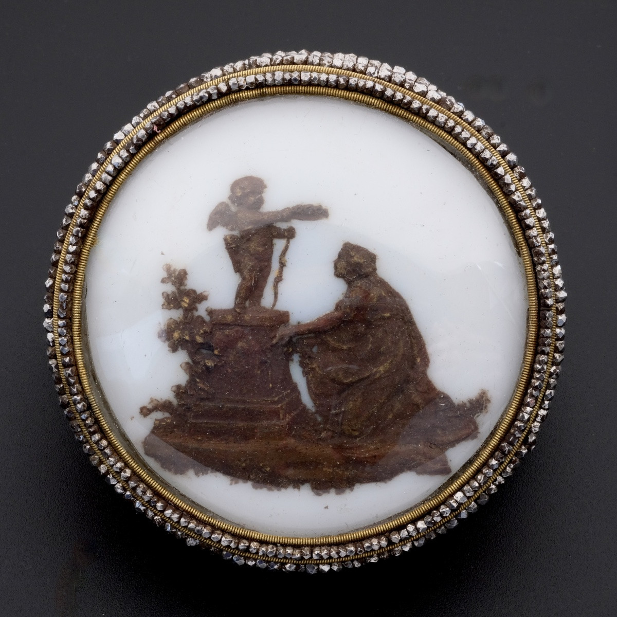18th Century Ivory Box, Bas-relief Wax, Cupid, Steel Beads-photo-2