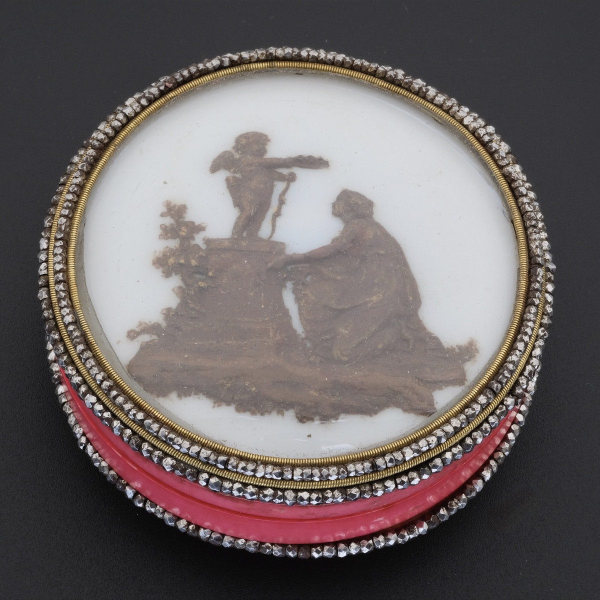 18th Century Ivory Box, Bas-relief Wax, Cupid, Steel Beads