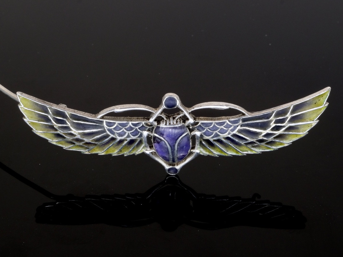Winged Scarab Brooch, Plique-à-jour Style, And Silver, Egyptomania Period, Circa 1900-photo-1