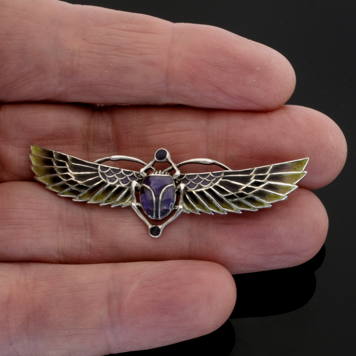 Winged Scarab Brooch, Plique-à-jour Style, And Silver, Egyptomania Period, Circa 1900-photo-4