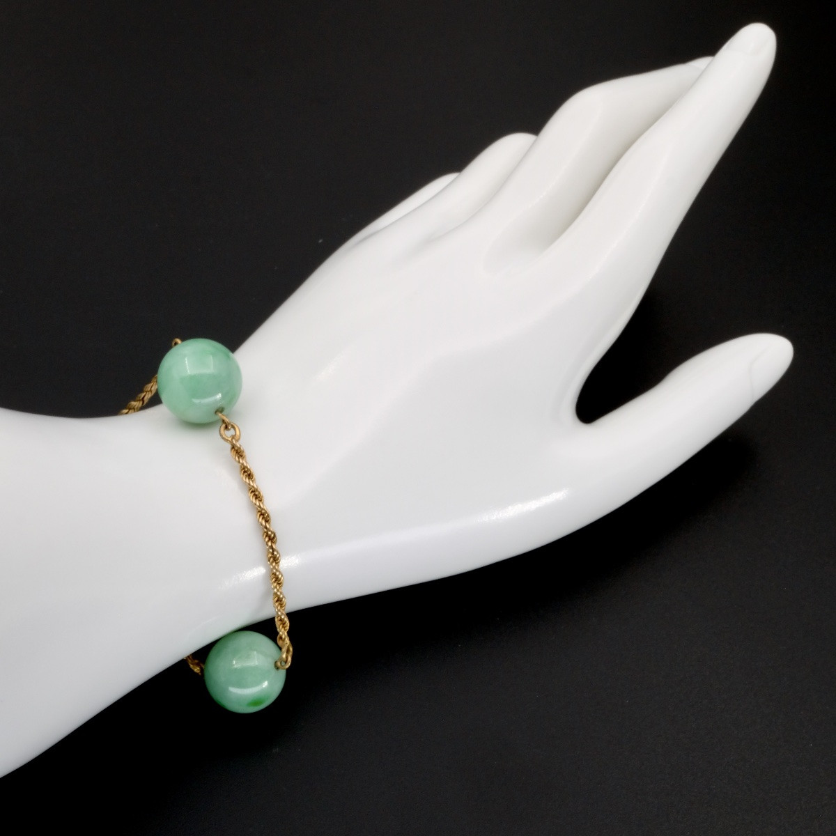 Bracelet époque Art Déco or boules de jadéite sur chaîne torsadée-photo-3