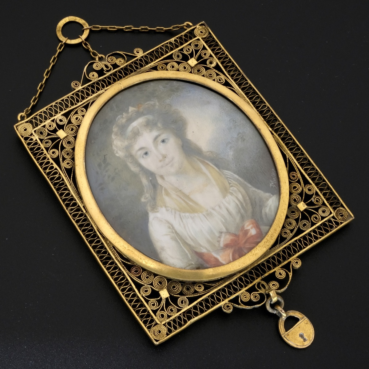 Miniature pendentif sentimental époque Empire, signée Muller-photo-1