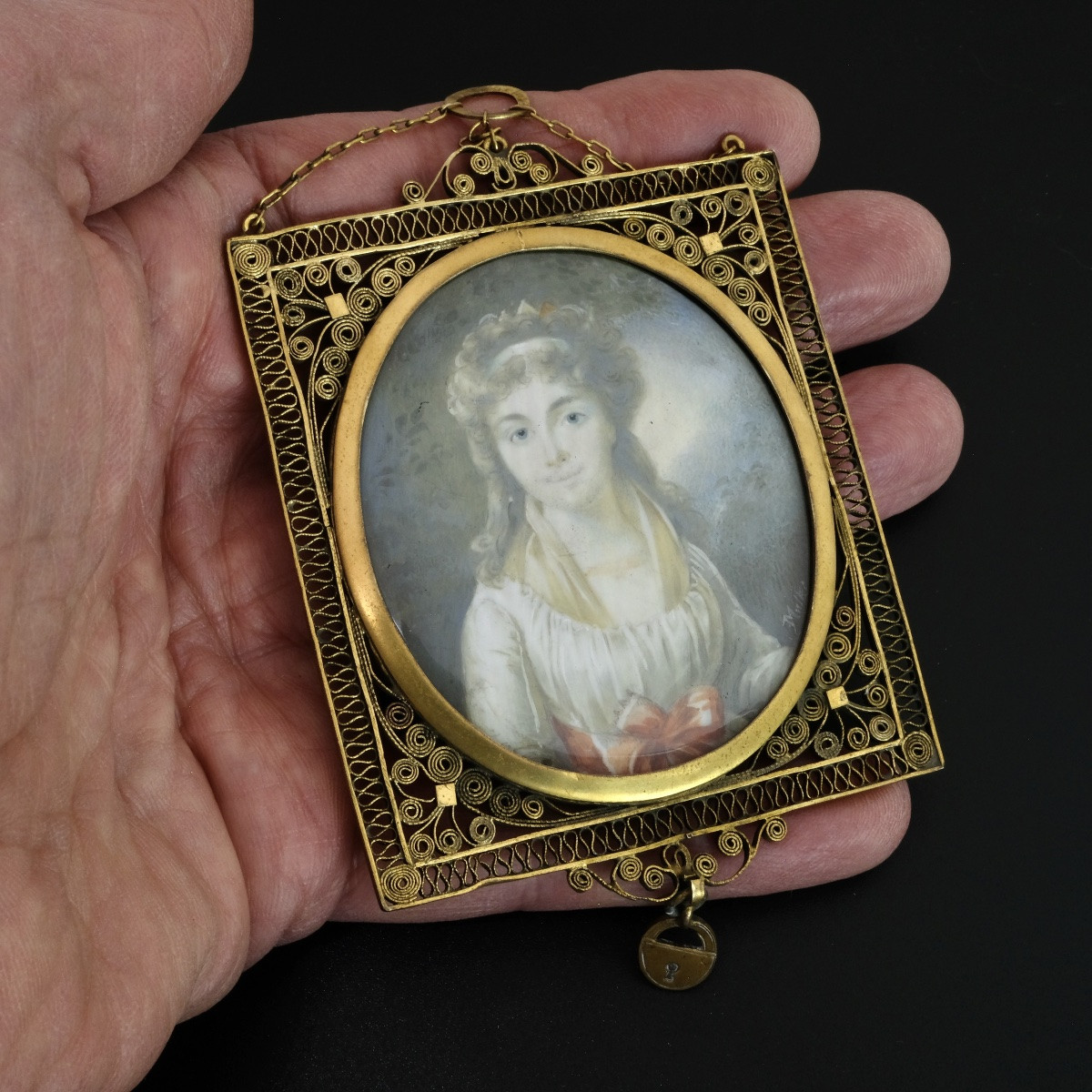 Miniature pendentif sentimental époque Empire, signée Muller-photo-3