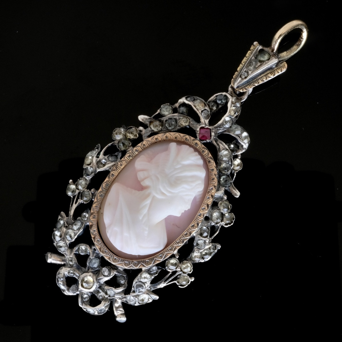 Pendentif époque Napoléon III camée et cristaux argent et or-photo-3