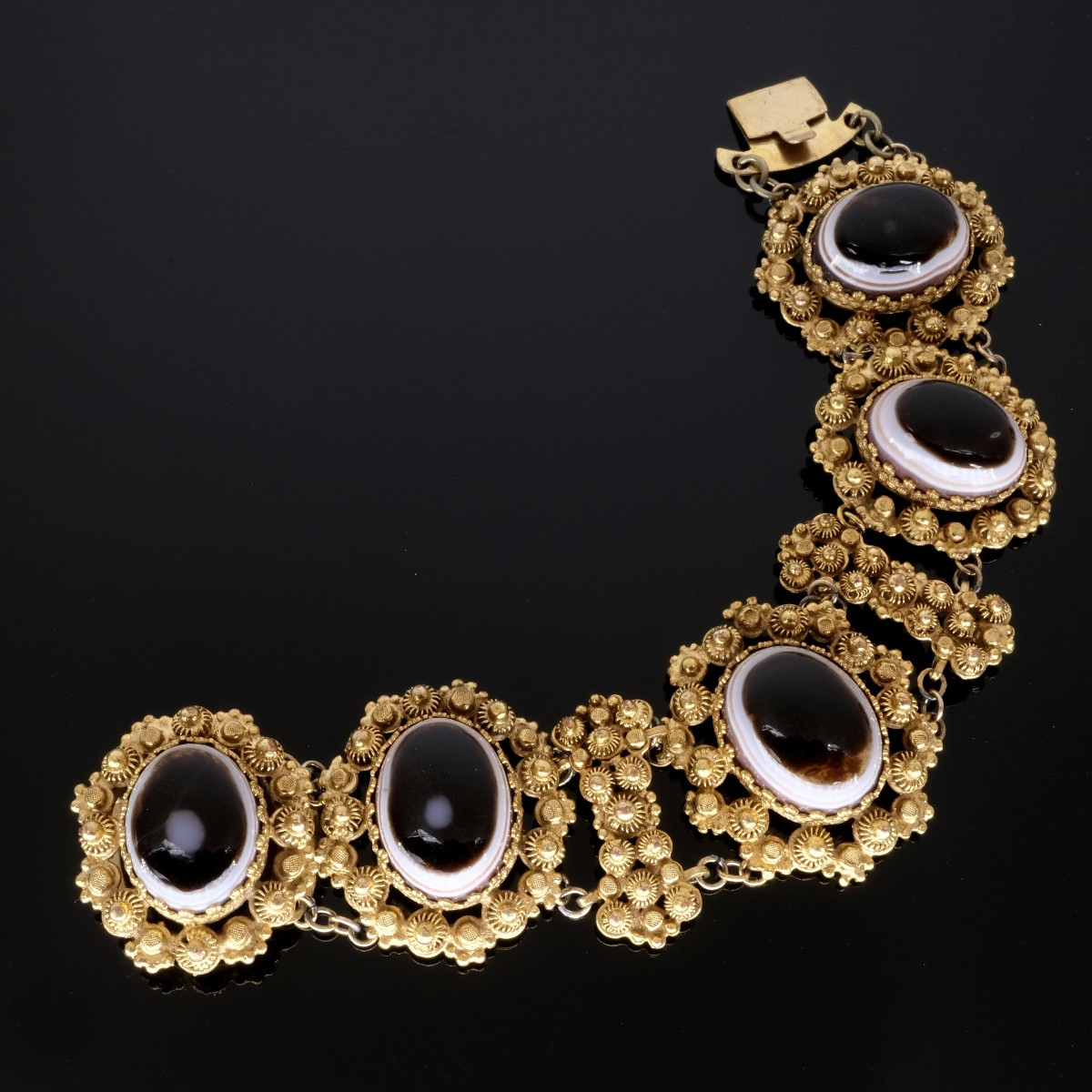 Pinchbeck Cannetille And Bull's Eye Agate Bracelet, Georgian Period-photo-3
