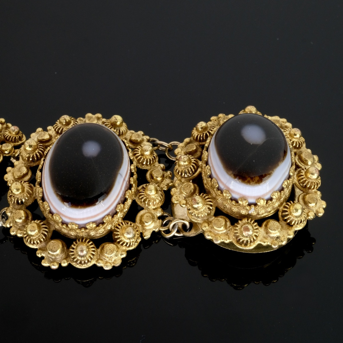 Pinchbeck Cannetille And Bull's Eye Agate Bracelet, Georgian Period-photo-2