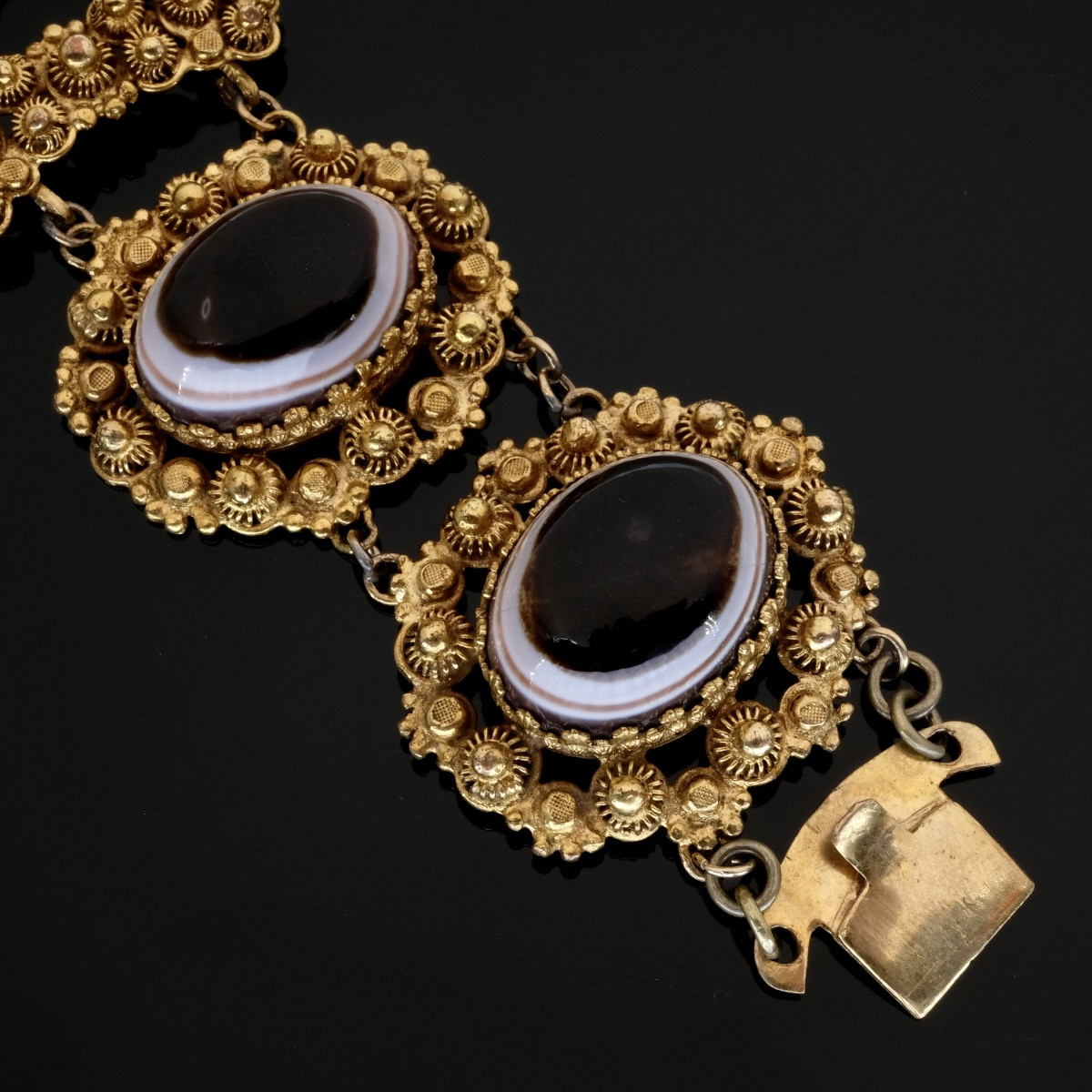 Pinchbeck Cannetille And Bull's Eye Agate Bracelet, Georgian Period-photo-4