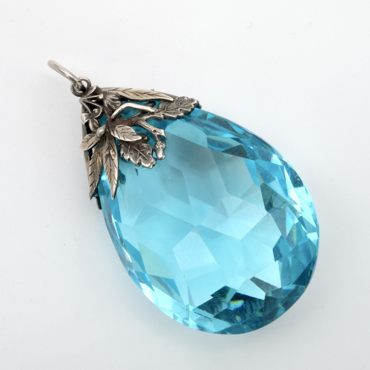 Pendentif Arts and Crafts goutte facettée feuillages argent 1930-photo-4